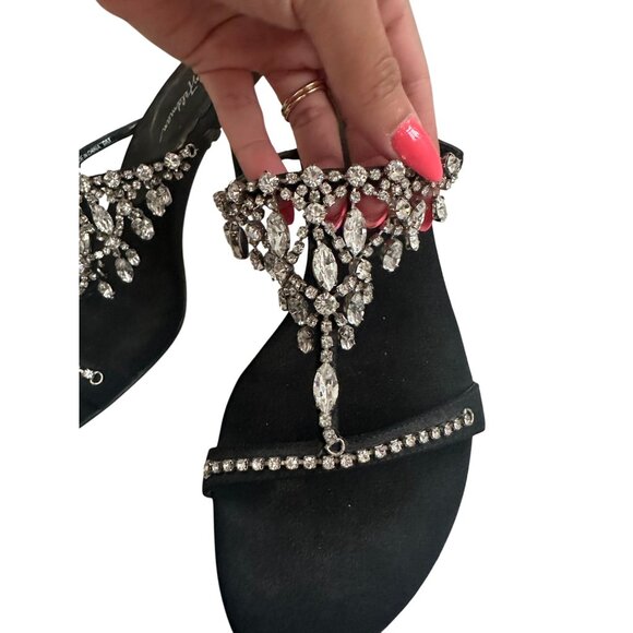 BEVERLY FELDMAN Rhinestone Black Satin Jeweled Sandals Heels Size 9 - Picture 5 of 12